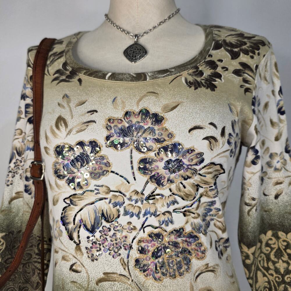 VINT Beaded Floral Top Fairy Cottagecore Embellished 90s Y2K Blouse Size Medium